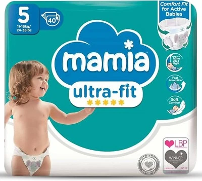 2 x Mamia Nappies for Babies Ultra-fit Baby Nappies, Size 5, 40 Nappies Diapers