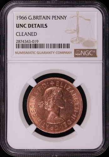 1966 Great Britain Copper Penny KM#897 NGC UNC Details Cleaned