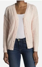 FRNCH Laeila V-neck Pointelle Cardigan In Light Pink Pearlized Embellishments M