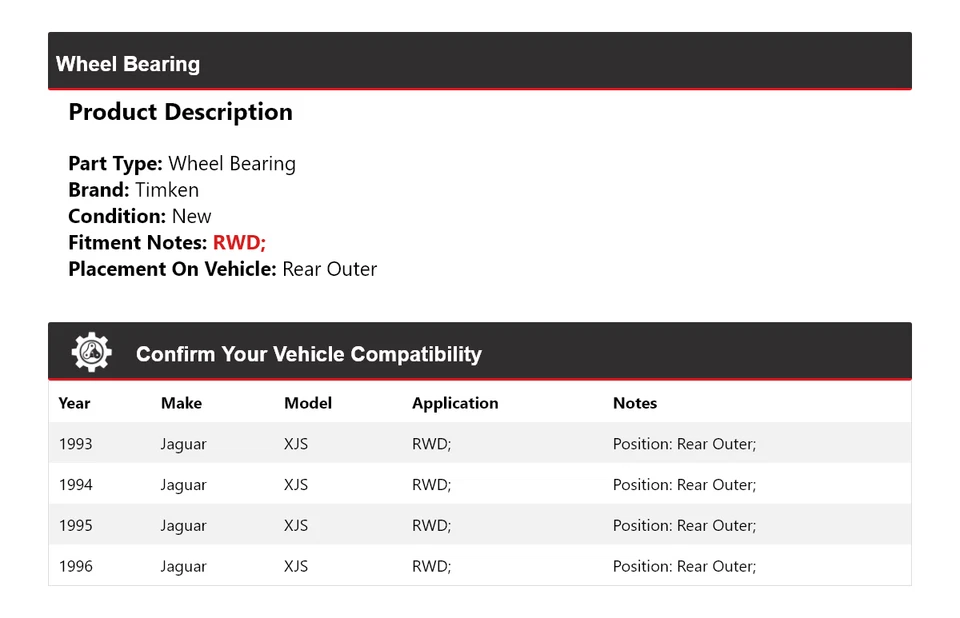 Cojinete de rueda exterior trasero Timken 1994 1995 para Jaguar XJS 1993-1996 tracción trasera Foto 2 de 4