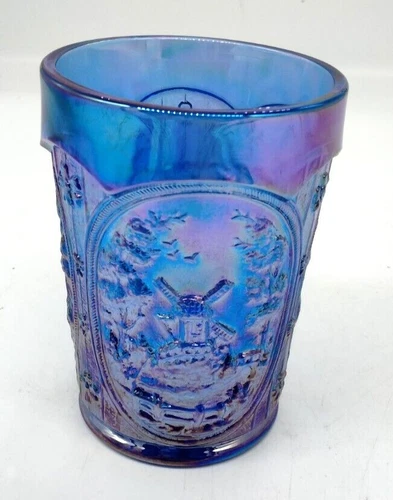 Imperial Glass Electric Blue Carnival Glass Tumbler Windmill Pattern Vintage