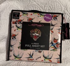 ED HARDY LOVE BIRDS TATTOO PRINT 6 PIECE PINK FULL SHEET SET 100 POLYESTER New