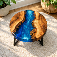 Tavolino da Caffè Rotondo 12" Fiume Blu - Resina Epossidica Stile Oceano Patio Esterno