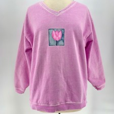 VINTAGE Fresh Produce 90s Pink Tulip Sweatshirt V Neck M USA Made Pullover