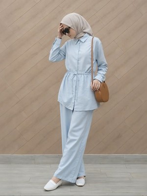 2Pcs Sets Modest Causal Kaftan Women Muslim Hirt Blouse Top Wide Leg Pants Abaya