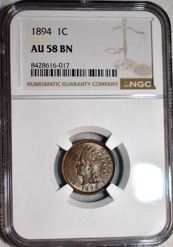 NGC AU-58 BN 1894 Indian Head Cent, Fully Lustrous & Sharply Struck.