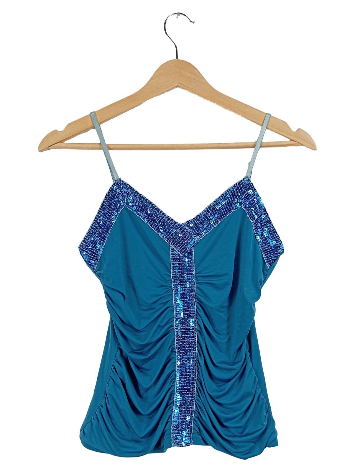 Orsay Damen Pailletten Top Petrol Gr. XS 34 Party Glamour Raffungen Träger