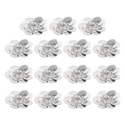 15Pcs Sequin Beaded Flowers Patches Paillette Crystal Applique Silver