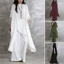 Women's Linen Cotton 2-Piece Casual Sports Outfit Set Short Sleeve Round Neck- 