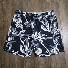 Speedo Swim Suit Trunks Shorts Mens Medium Black Floral White Flowers 8" Pocket