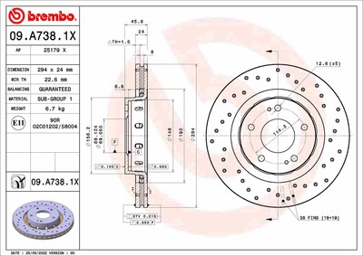 BREMBO 09.A738.1X Bremsscheibe für CITROËN,MITSUBISHI,PEUGEOT