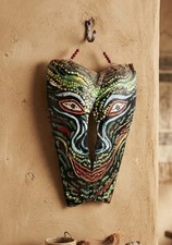 Palm Frond Hand Painted Tribal Tiki Mask. Folk Art Wall Hanging