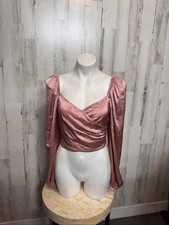 Dusty Rose Satin Sweetheart Wrap Tie Back Puff Long Sleeve Crop Top L