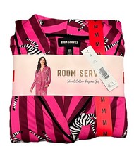 Room Service Womens Pajama Set 2pc Zebra Stripe Hot Pink Medium Shawl Collar NEW