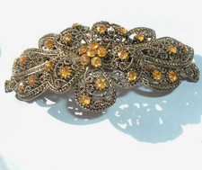 VINTAGE CITRINE RHINESTONE FLORAL FILIGREE 3.5" HAIR BARRETTE