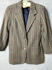 Vintage Lizsport Wool Blazer Womens 4 Tan Green Houndstooth Single Breasted