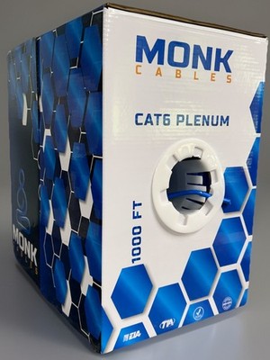 Monk Cables Cat6 Plenum CMP Rated Jacket 1000ft UTP 550MHz 23AWG Ethernet Blue