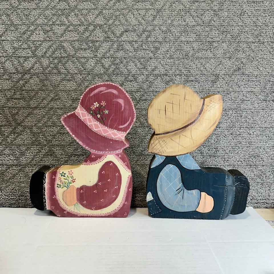 Vintage Hand Painted Wooden Sitting Couple Country Farmhouse Cottagecore Decor - Image 2 of 4