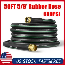 50FT 5/8IN Rubber Garden Hose - Heavy Duty Water Hose, Male to Female, 600PSI