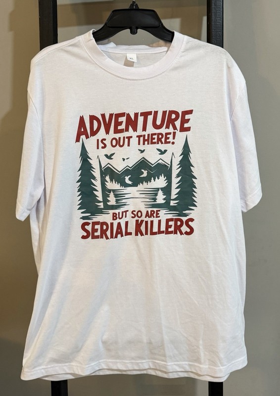 White Funny Graphic Print T-Shirt XL Regular Crew Neck Short Sleeve "Adventure"