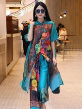 Retro Large Size Floral Print Open Cardigan Loose Wide Leg Pants Ele Faionable T