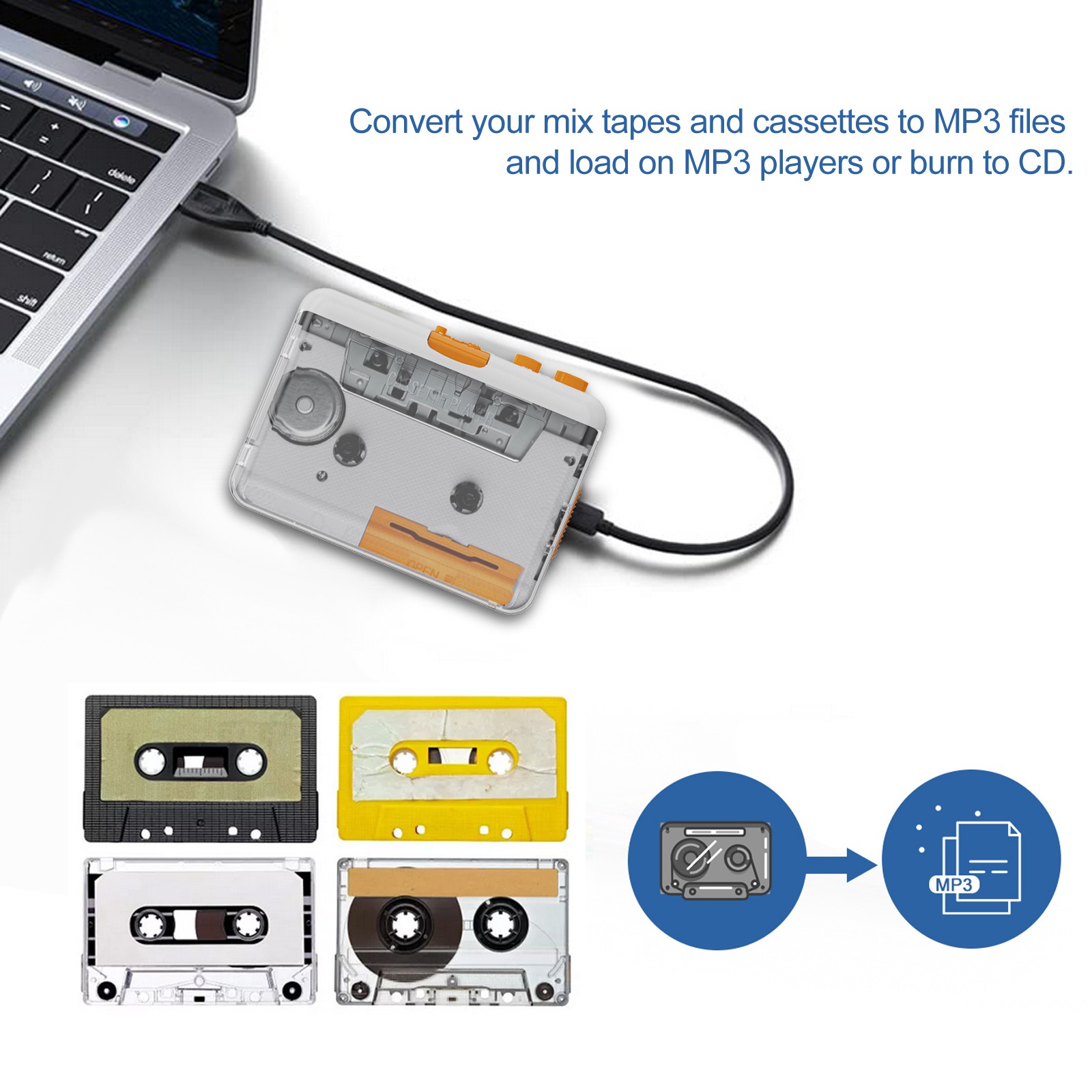 Portable Cassette Player Tape Recorder USB Cassette to MP3 Converter White ZIRA