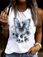 Women's 2D Butterfly Pearl Beads Print Sleeveless Vest Casual Loose Summer Tops♪