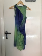Pretty Little Thing 8 Blue/ Green Ruched Mesh Asymmetric Hem Dress BNWOT