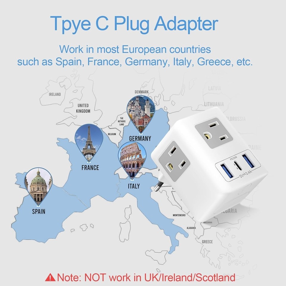 European Plug Adapter Travel Power Plug with 3 Outlets 2 USB 1 C to ...