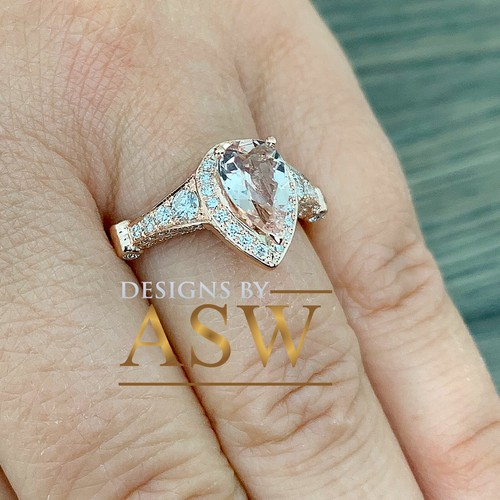 14K ROSE GOLD PEAR NATURAL MORGANITE AND DIAMOND ENGAGEMENT RING BRIDAL 2.50CT - Picture 7 of 9