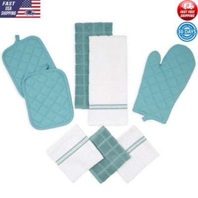 8 Piece Kitchen Textile Set Cotton Oven Mitt Pot Holders Towels Dishcloths New