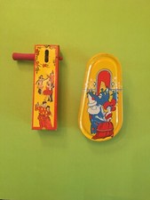2 Vintage Tin Noisemakers Toy Kirchhof Ratchet Masquerade New Years Wood Handle