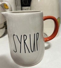 New Rae Dunn SYRUP Small Ivory Pitcher Coral Orange Handle Farmhouse Pancake