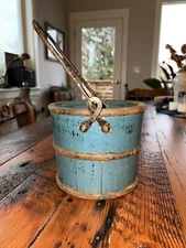 Antique French Berry Bucket Wood Basket Mini Naive Primitive Stave Iron Handle