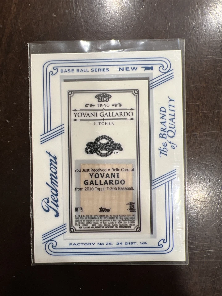 2010 Topps 206 Bat Relics Mini Piedmont Framed Yovani Gallardo #TR-YG Game Used - Image 2 of 2