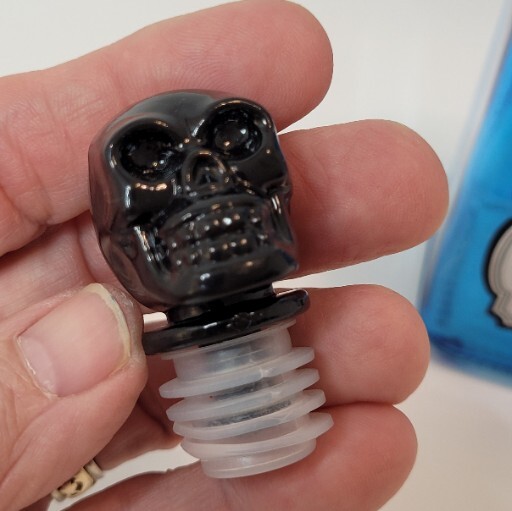 Halloween Blue Glass Bottle Black Skull Stopper "Cob Web Stew" Spider Webs 7"