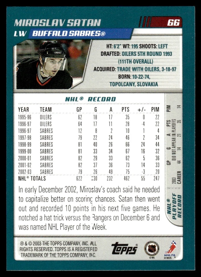 2003 Topps #66 Miroslav Satan - Buffalo Sabres - Image 2 of 2