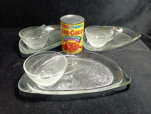 50s Federal Glass Hospitality Snack Set Crystal Starburst with 3 Trays 3 Cups - Picture 3 of 8