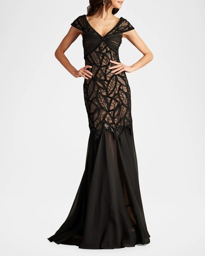 Tadashi Shoji Black Nude Sequin Leaf Velvet Lace Gown Size 4 $558
