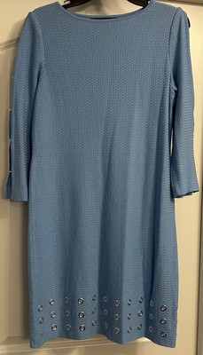 Ming Wang Womens Blue Textured Split Sleeve Grommet Hem Shift Dress XS
