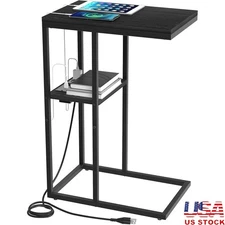 C Shaped Side Table W/ Charging Station 2 USB Ports 2 AC Outlets Small Spaces