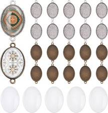 24Pcs Double Holes Photo Charms Connector Pendant Tray Blanks Bezel Cabochon Set