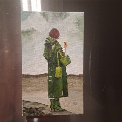 Painting Dessert Woman Ledge figure Green Rain Coat  Magnet By Stacy Singleton