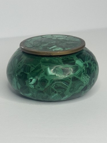 Vintage Malachite Trinket Box Brass Rim Pill Box Green Stone Inlay Dome Jewelry