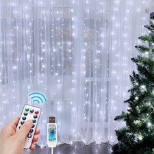 300 LED Fairy Curtain Lights, 9.8 x 9.8FT Cold White USB Plug in 8 Modes Stri...