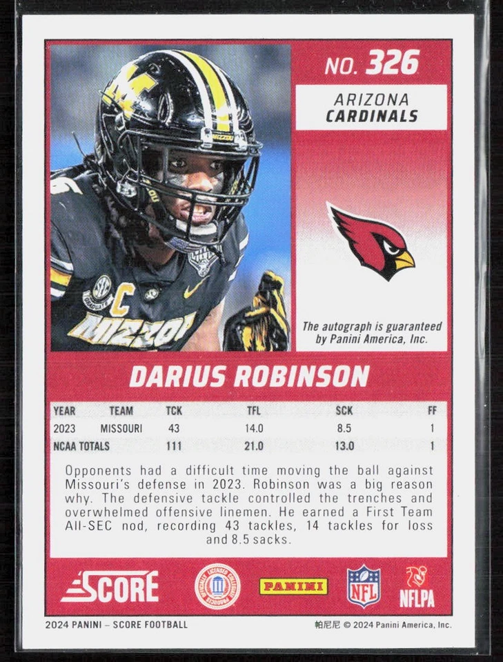 2024 Score Darius Robinson Rookie Autograph Cardinals RC - Image 2 of 2