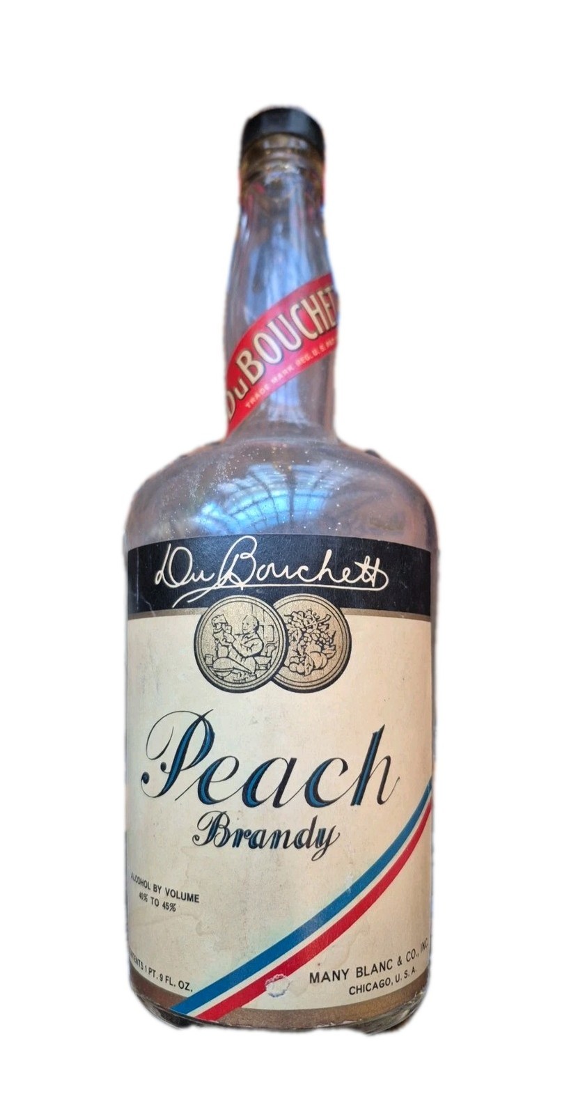 Botella vacía temprana de brandy de melocotón Dubouchett con tapa