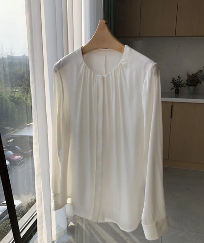 Damen Langarm 100% echte Seide Knopf Rundhals Shirt Bluse Büro Damen OL - Bild 27 von 38