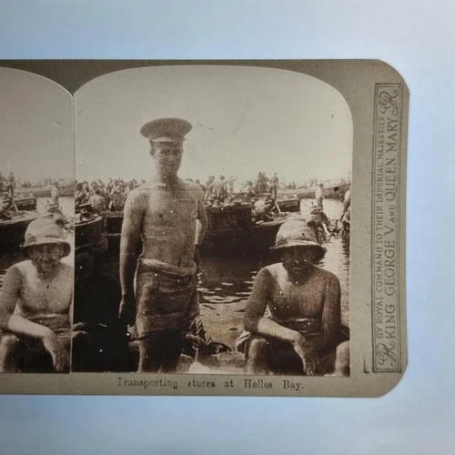 WW1 Military Stereoview C1916 Real Photo Turkey Gallipoli Helles Bay Stores Men