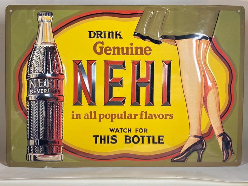 Ande Rooney Nehi Lady Embossed Tin Advertising Sign Soda Pop Pin Up 15x10